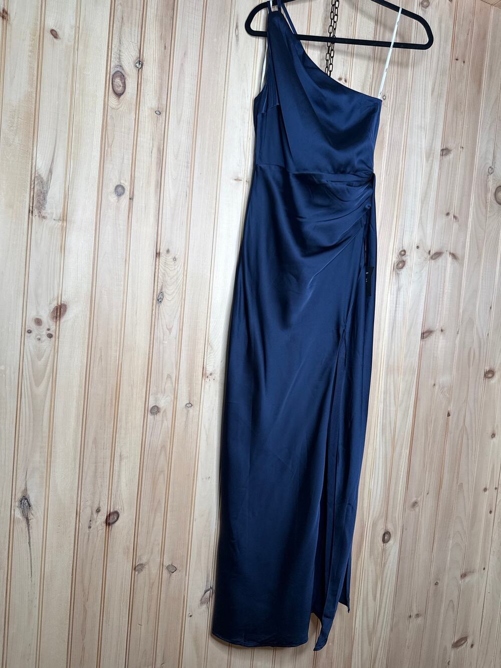 NWOT Lulus Signature Elegance Navy Satin One-Shoulder Maxi Dress Bridesmaid XS